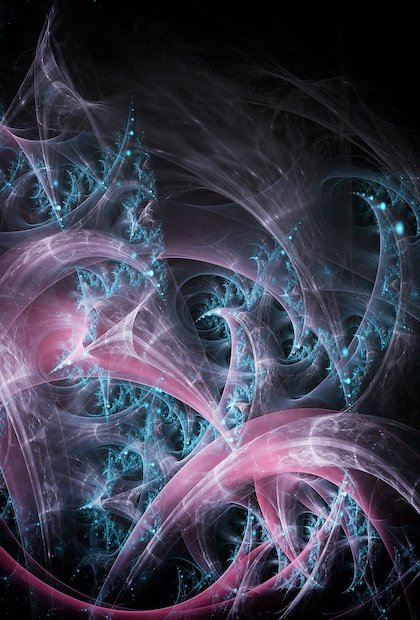 A striking fractal image of blue and violet swirls with white dots that seem to sparkle. The image has a 3D quality of depth and expansiveness.