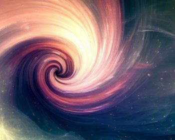A spiral of gold, white, pink and violet swirls amidst a background of outerspace