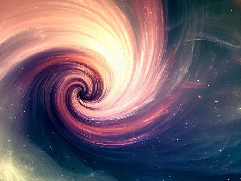 A spiral of gold, white, pink and violet swirls amidst a background of outerspace