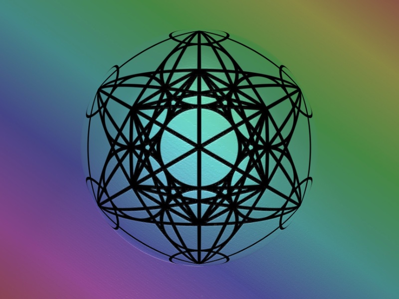 Artwork of a metatron cube on a muted rainbow-colored background, symbolizing the the essence of cosmic dimensions of consciousness